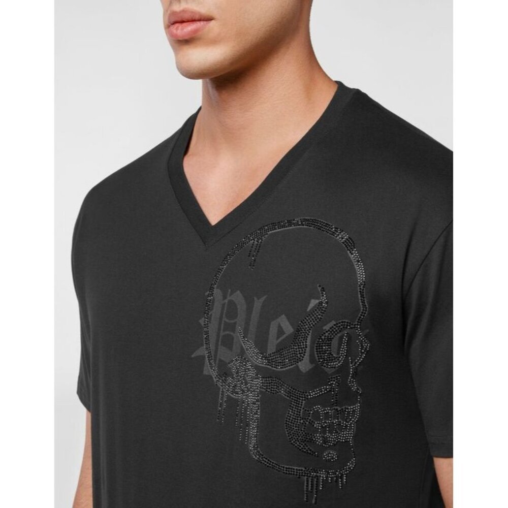 Philipp Plein V-neck Bejewelled Skull Logo Black T-shirt Gothic Mens Size L NWT